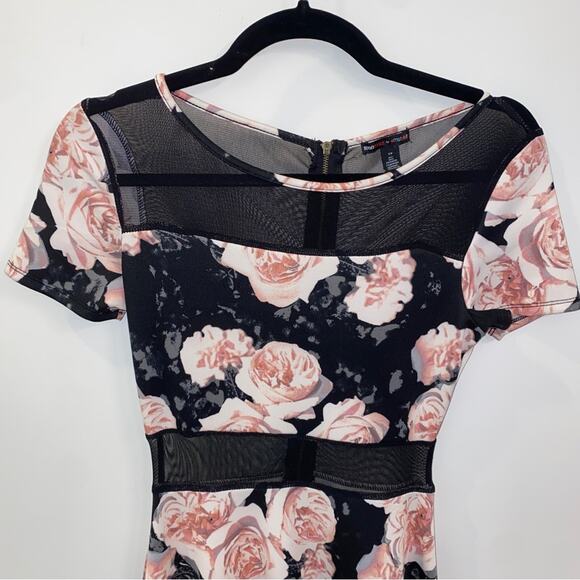 Black Sheer Mesh Cut-out Pink Floral Whimsigoth Romantic Goth Mini Dress XS - Picture 2 of 8